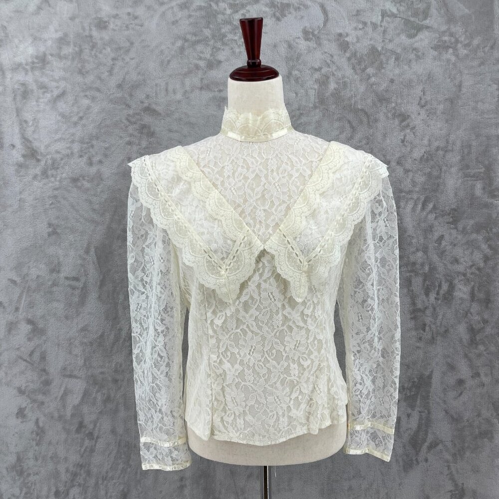 Gunne Sax Vintage Cream Lace Collar High Neck Sheer Puff Sleeve Top